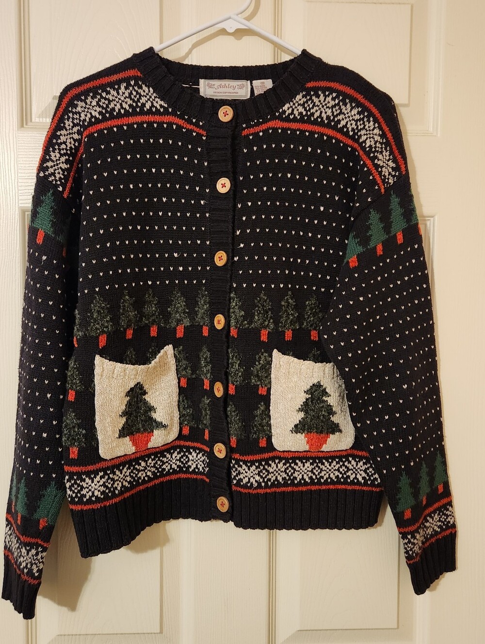 VTG Ashley Wool Blend Americana Cardigan Christmas Tree Cottage Theme Size M